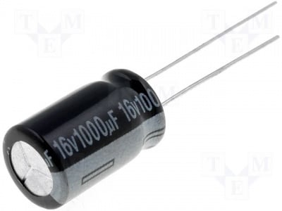 Кондензатор 1000uf 16V CE-1000/16PHT-Y Кондензатор:електролитен; THT; 1000uF; 16V; O10x16mm; Растер:5mm